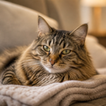 A calm tabby cat resting comfortably on a soft blanket in warm indoor light