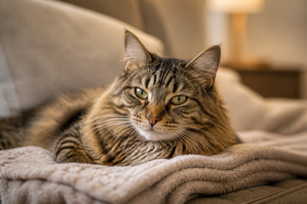 A calm tabby cat resting comfortably on a soft blanket in warm indoor light