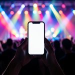 A pair of hands holding up a smartphone with a blank screen at a concert, with colorful stage lights and a crowd in the background