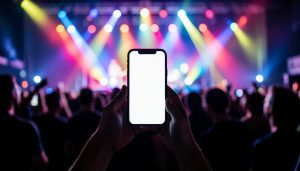 A pair of hands holding up a smartphone with a blank screen at a concert, with colorful stage lights and a crowd in the background
