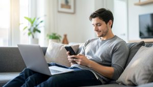 A person on a sofa checking their smartphone with a laptop open beside them