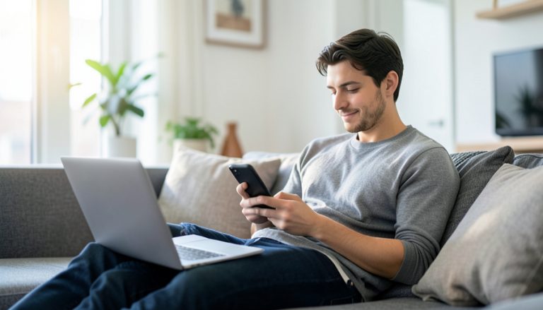 A person on a sofa checking their smartphone with a laptop open beside them