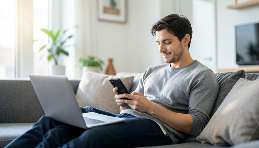 A person on a sofa checking their smartphone with a laptop open beside them