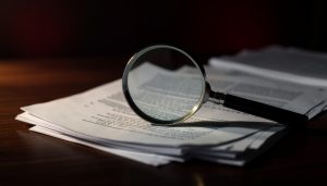 Magnifying glass over a stack of legal documents on a dark desk, checking a court PDF for searchable text