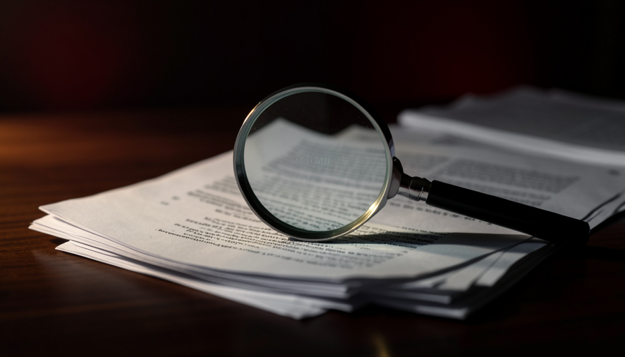 Magnifying glass over a stack of legal documents on a dark desk, checking a court PDF for searchable text