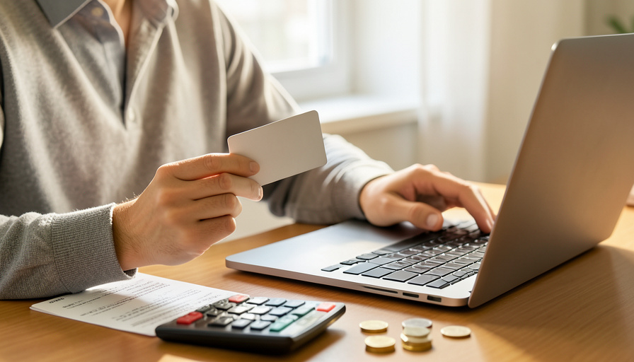 A person holding a plain credit card while using a laptop, with a calculator, receipt, and coins on the desk