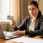 A person at a laptop holding a plain credit card with a concerned expression, papers and a phone on the desk