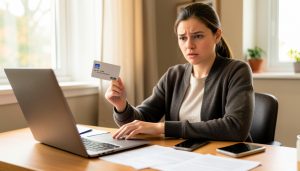 A person at a laptop holding a plain credit card with a concerned expression, papers and a phone on the desk