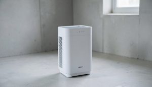 A white portable dehumidifier standing on the concrete floor of a bare basement with a small window in the background