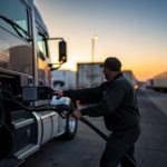 A semi-truck refueling at a diesel pump at a highway truck stop at dusk