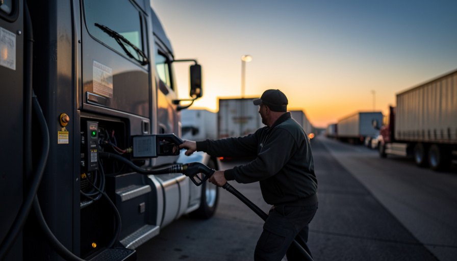 A semi-truck refueling at a diesel pump at a highway truck stop at dusk