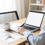 A person at a home desk filling out a rental application on a laptop with a document and apartment keys nearby