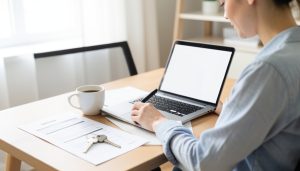 A person at a home desk filling out a rental application on a laptop with a document and apartment keys nearby