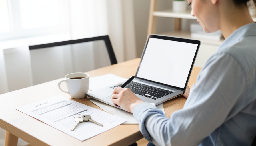 A person at a home desk filling out a rental application on a laptop with a document and apartment keys nearby