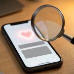 A smartphone showing a donation app with a heart icon, viewed through a magnifying glass held over the screen