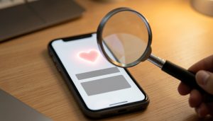 A smartphone showing a donation app with a heart icon, viewed through a magnifying glass held over the screen