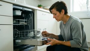 A homeowner kneeling at an open stainless steel dishwasher, checking the lower rack and filter area