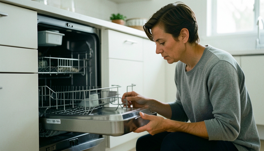 A homeowner kneeling at an open stainless steel dishwasher, checking the lower rack and filter area