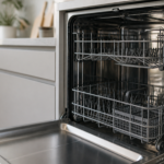 An open empty stainless-steel dishwasher interior in a clean modern kitchen