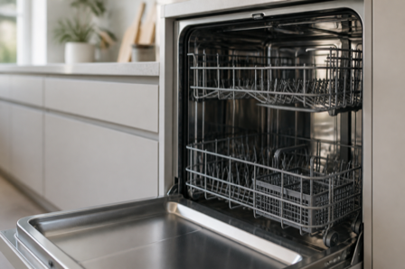 An open empty stainless-steel dishwasher interior in a clean modern kitchen