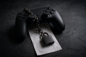 A game controller resting on a receipt with a small padlock and chain across them