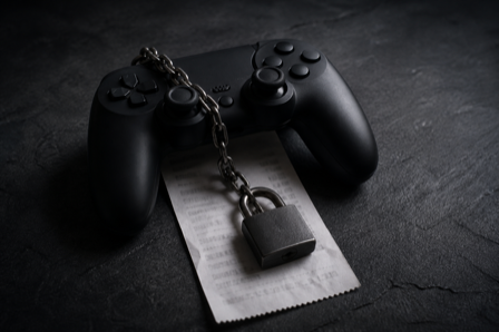 A game controller resting on a receipt with a small padlock and chain across them