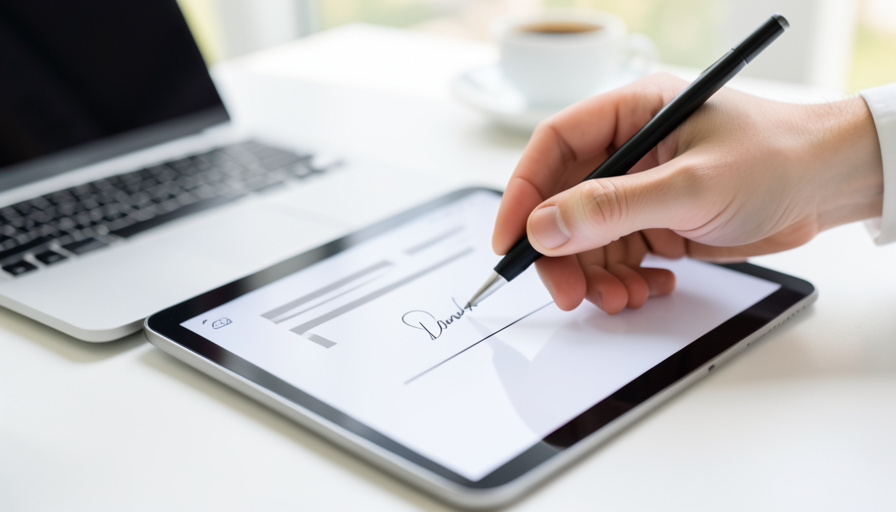 A hand signing a signature on a tablet screen with a stylus, a laptop and coffee blurred behind on a bright desk