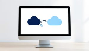 A desktop monitor showing two cloud icons with an arrow moving a file from one cloud to another, representing a Dropbox to OneDrive move