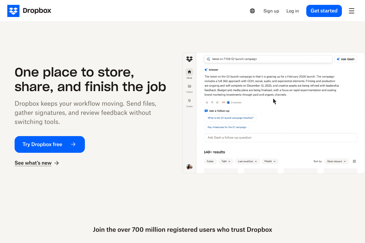 Dropbox cloud storage homepage