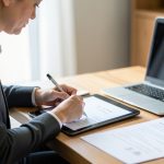 A business owner signing a contract on a tablet with a stylus beside a laptop and a printed document