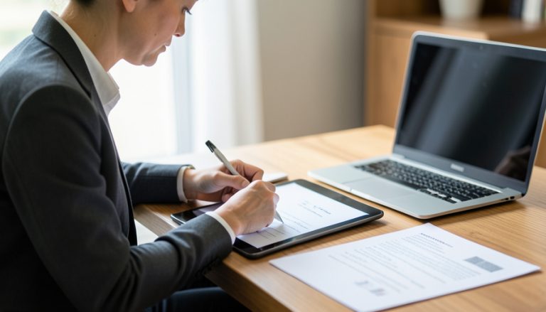 A business owner signing a contract on a tablet with a stylus beside a laptop and a printed document