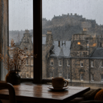 A rain-streaked cafe window overlooking Edinburgh old town rooftops on a grey day