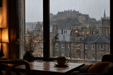 A rain-streaked cafe window overlooking Edinburgh old town rooftops on a grey day