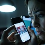 A person examining a smartphone closely with a skeptical expression while inspecting a headline card