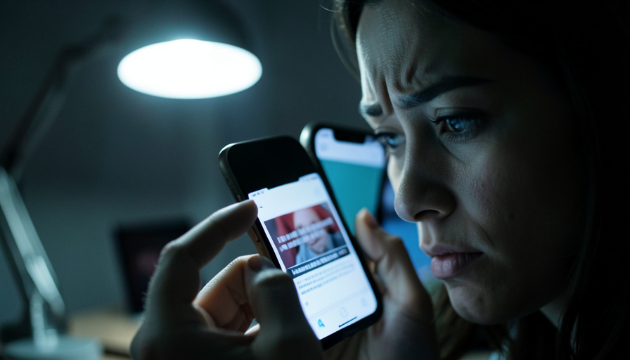 A person examining a smartphone closely with a skeptical expression while inspecting a headline card