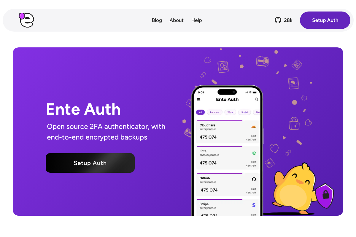 Ente Auth open-source 2FA authenticator homepage
