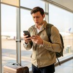 A traveler with a backpack and suitcase looking concerned at a smartphone in an airport terminal