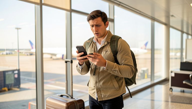 A traveler with a backpack and suitcase looking concerned at a smartphone in an airport terminal