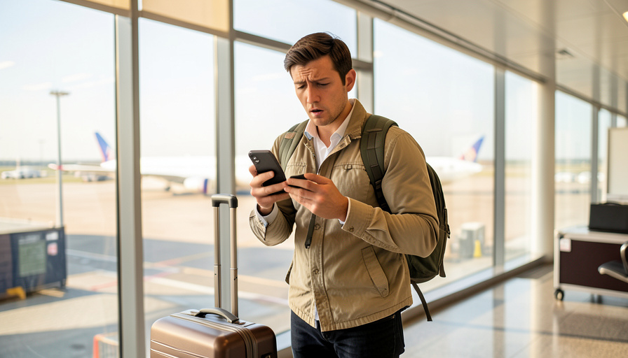 A traveler with a backpack and suitcase looking concerned at a smartphone in an airport terminal