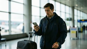 A traveler in an airport terminal looking concerned at a smartphone with a suitcase beside them