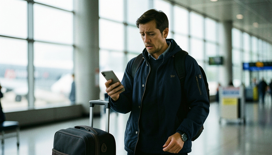 A traveler in an airport terminal looking concerned at a smartphone with a suitcase beside them