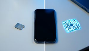A split image showing a physical SIM card on one side and a glowing digital eSIM chip on the other, with a phone in the center