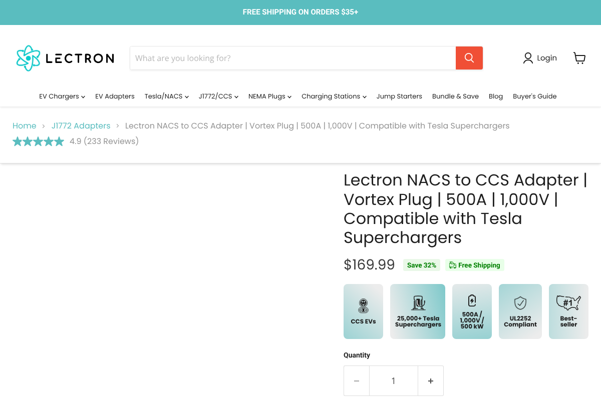 Lectron Vortex Plug NACS to CCS adapter product page showing price and specs