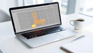 A laptop showing an abstract spreadsheet grid with one cluster of cells glowing amber like a spill warning