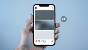 A phone showing a social media feed with several posts dimmed and an eye-with-a-slash icon indicating hidden content