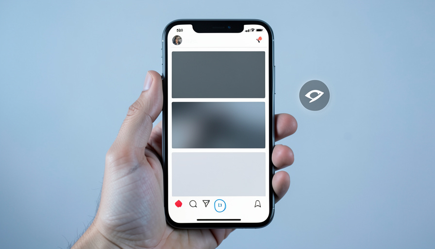 A phone showing a social media feed with several posts dimmed and an eye-with-a-slash icon indicating hidden content
