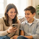 A parent and a teenager sitting on a couch together, smiling while looking at a smartphone the parent is holding
