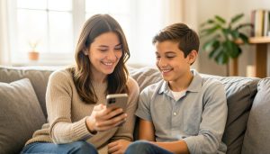 A parent and a teenager sitting on a couch together, smiling while looking at a smartphone the parent is holding