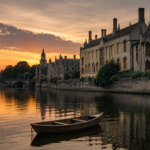 The River Thames at dusk with historic riverside buildings and a small wooden rowing boat on calm water