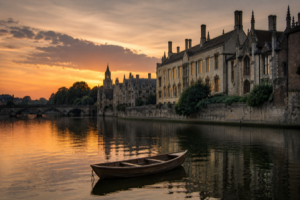 The River Thames at dusk with historic riverside buildings and a small wooden rowing boat on calm water